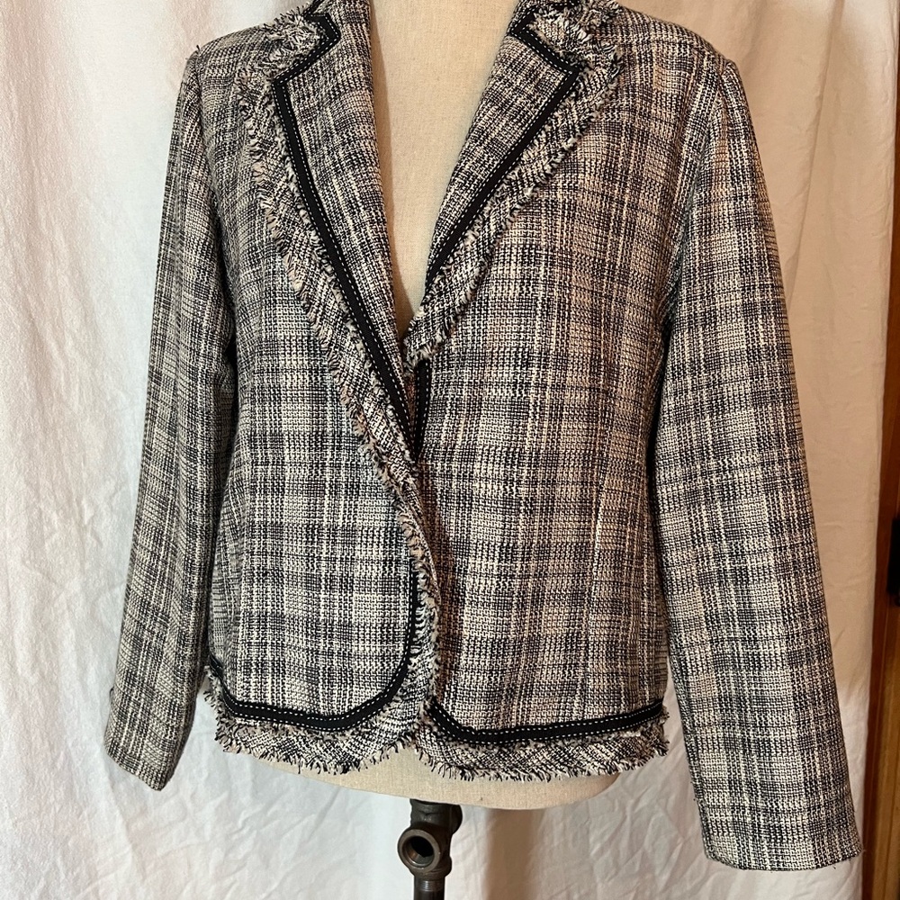 Chico's Black and White Blazer with Fringe Trim